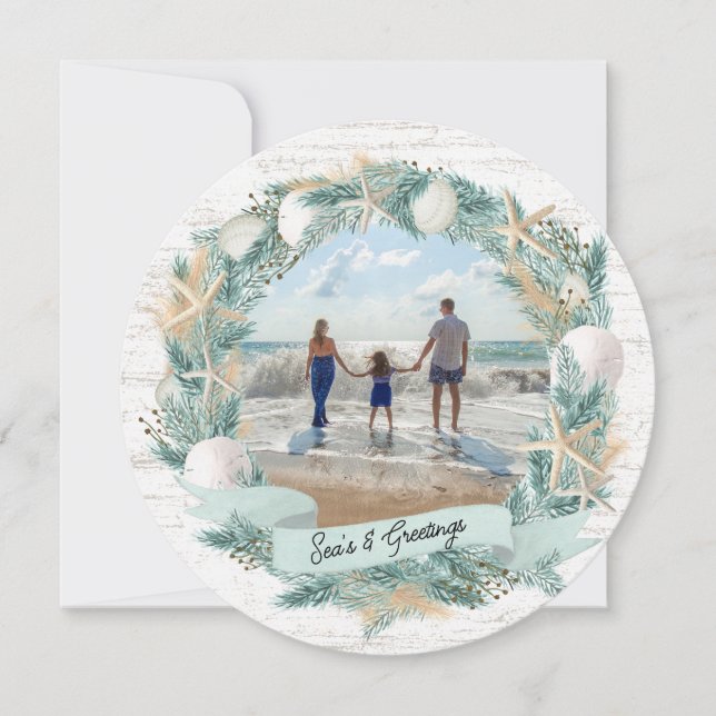 Seashore Beach Christmas Wreath with Photo Holiday Card (Front)