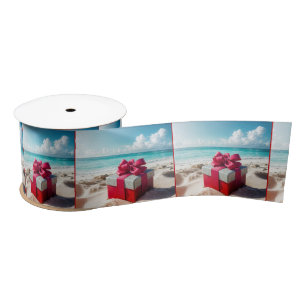 Seashore Christmas Gift On Beach Sand Satin Ribbon