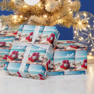 Seashore Christmas Gift On Beach Sand Wrapping Paper