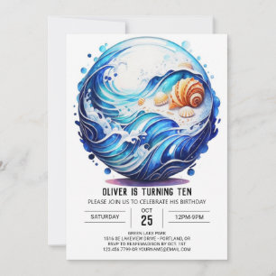 Seashore Deep Blue Kids Birthday Invitation