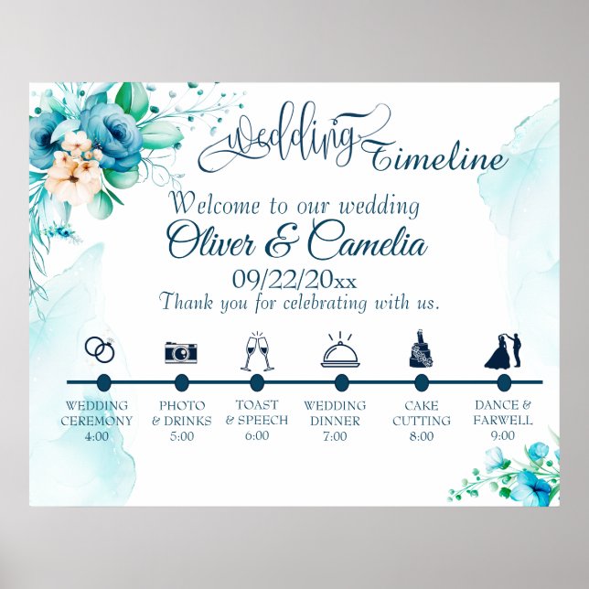 Seashore Floral Wedding Day Icons Timeline  Poster (Front)