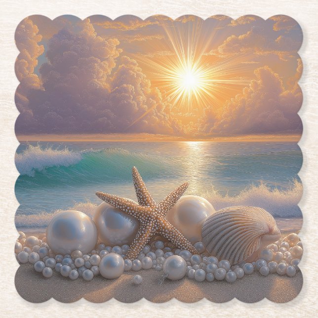 Seashore Ocean Sunset Seashells Pearls Paper Coaster (Front)