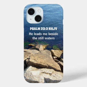 Seashore Photo Beside the Still Waters Bible Verse iPhone 15 Case