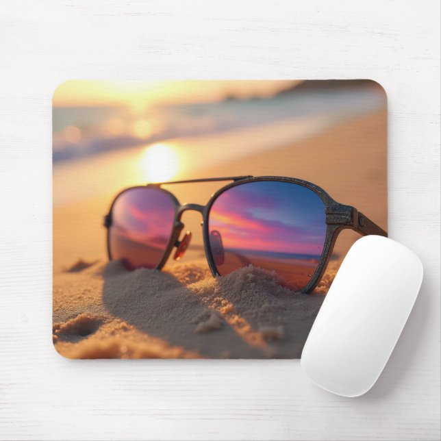 Seashore Sunset Reflection In Sunglasses Mouse Mat (With Mouse)