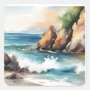 Seashore Watercolor Painting Background Art Design Square Sticker