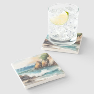 Seashore Watercolor Painting Background Art Design Stone Coaster