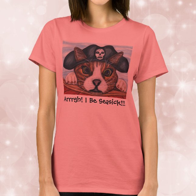 Seasick Pirate Cat Shirt (Cute brown seasick striped cat in black pirate hat on boat on salmon coloured tee shirt.)