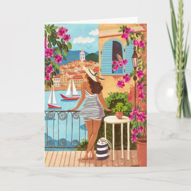 Seaside Balcony Woman Illustration Art Greeting Card (Front)
