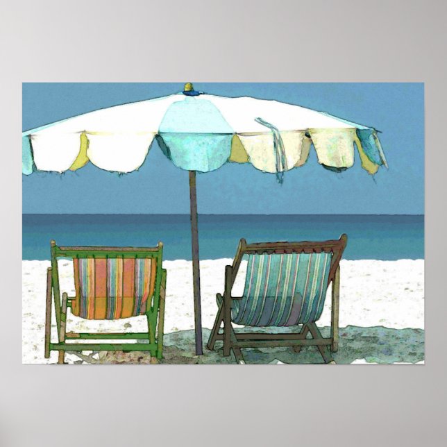 Seaside Beach, Chairs & Umbrella Poster (Front)