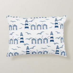 Seaside Beach Huts and Lighthouses Blue and White Decorative Cushion