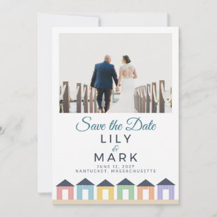 Seaside Beach Huts Photo Wedding Save the Date Invitation