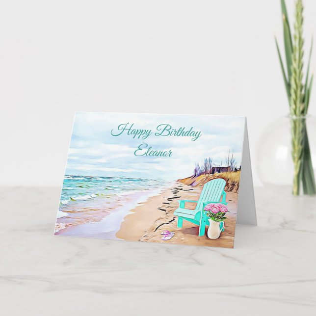 Seaside Beach Scene Teal Chair  Flowers Birthday Card (Front)