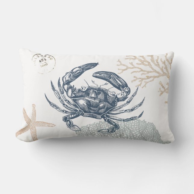 Seaside Blue Crab Collage Light Lumbar Cushion (Front)