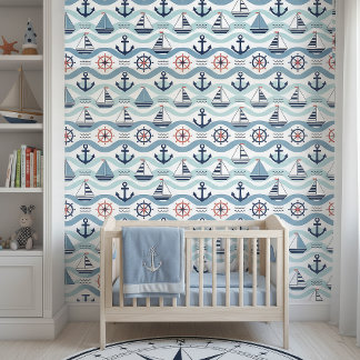 Seaside Blue Sailboats & Anchors Pattern ID1258 Wallpaper