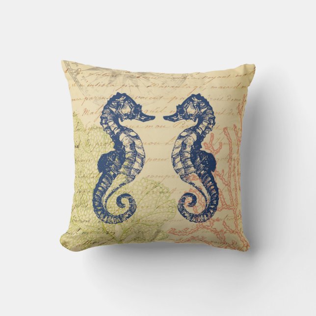 Seaside Blue Sea Horses Collage Cushion (Front)