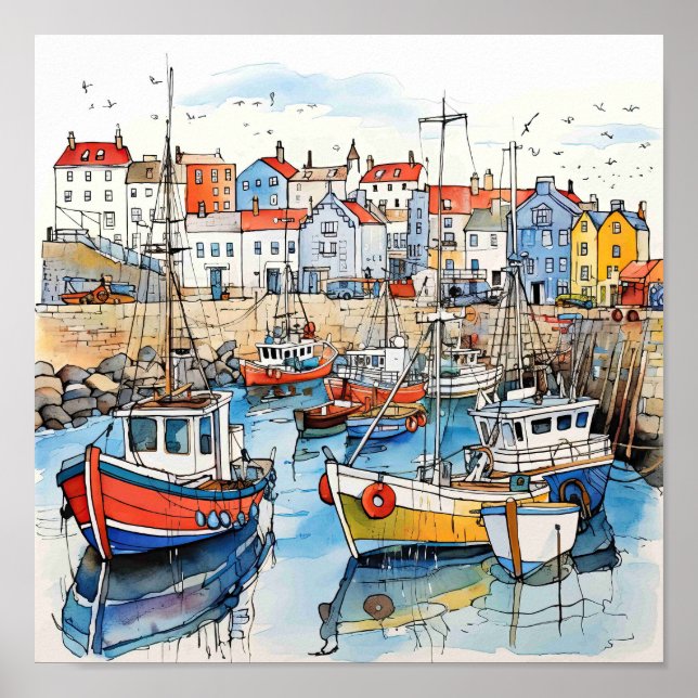 Seaside Boats In The Harbour Poster (Front)