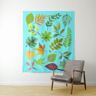 Seaside Botanical Leaves on Aqua Blue Tapestry