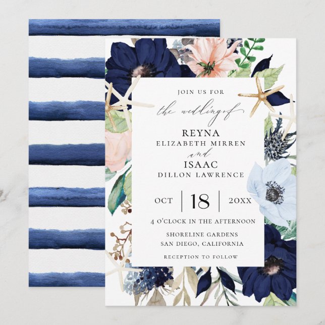 Seaside Botanical Wedding Invitation (Front/Back)