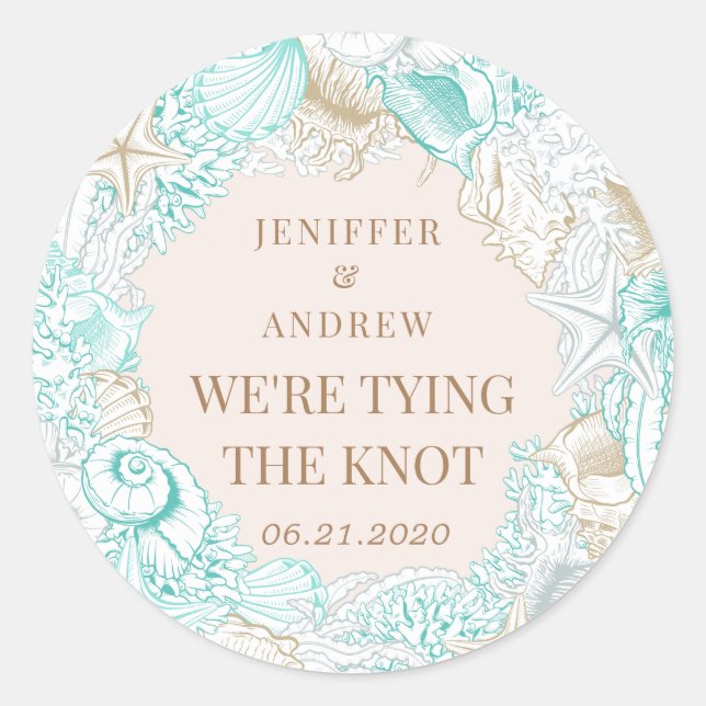 seaside coastal save the date monogram classic round sticker (Front)