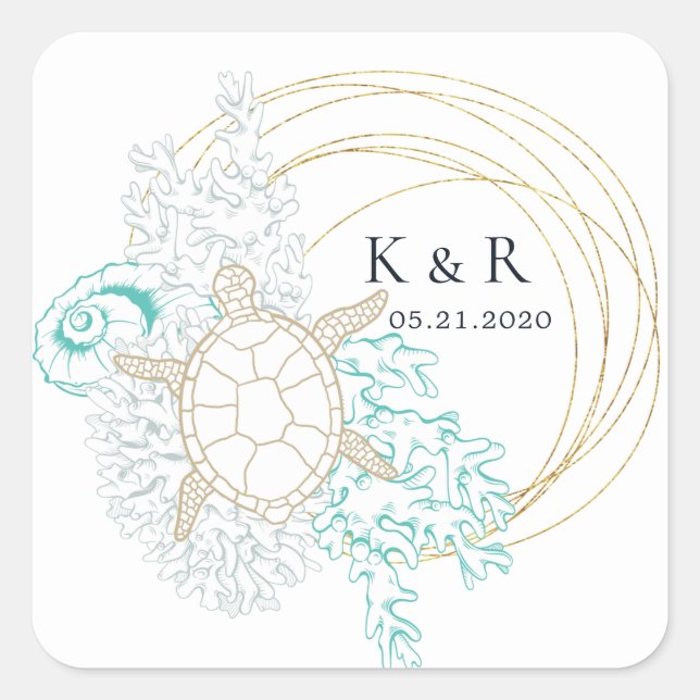 seaside coastal turquoise elegant Wedding Square Sticker (Front)