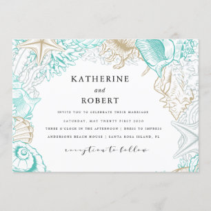 seaside coastal turquoise gold Wedding Invitation