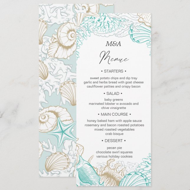 seaside coastal turquoise Wedding Dinner Menu Invitation (Front/Back)