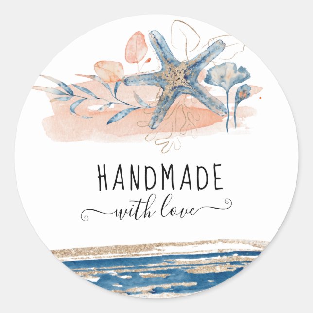 seaside coral blue coastal handmade with love classic round sticker (Front)