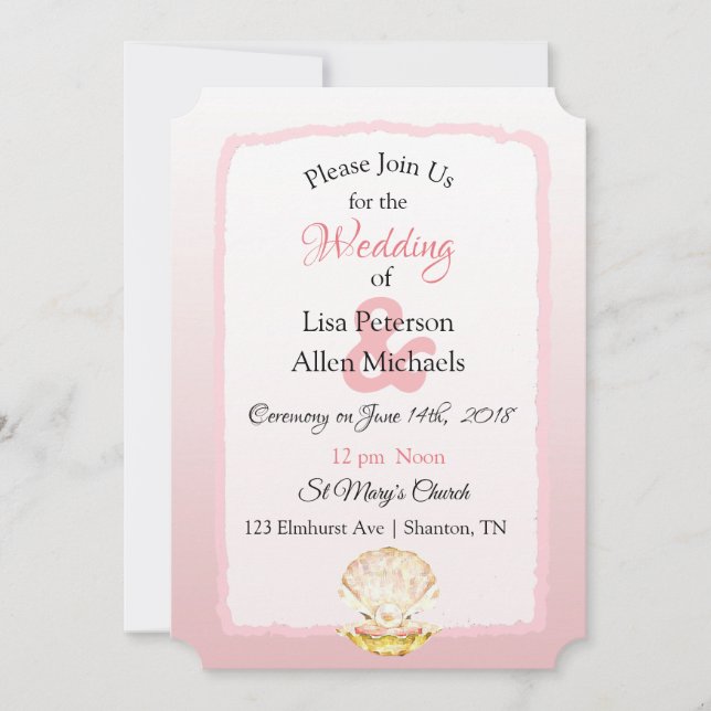 Seaside Coral Clam and Pearl  Wedding invitations (Front)