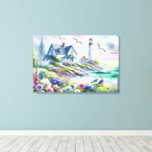 Seaside Cottage and Lighthouse Watercolor Canvas Print