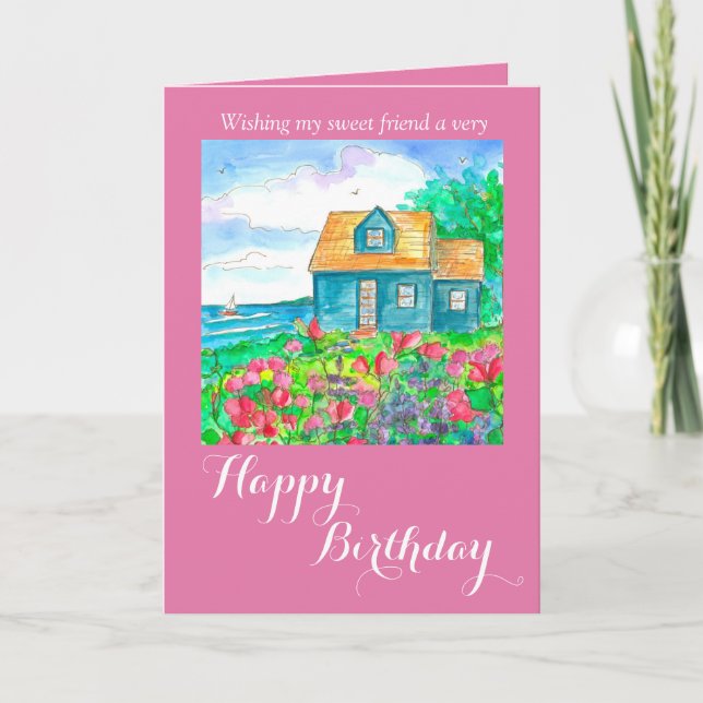 Seaside Cottage Happy Birthday Friend Card (Front)