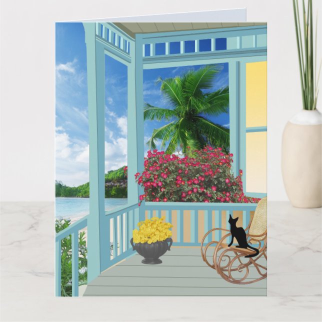 SEASIDE COTTAGE WITH CAT ART BIRTHDAY CARDS (Front)