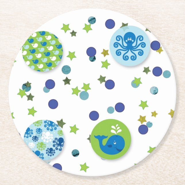 Seaside Critter Design Round Paper Coaster (Front)