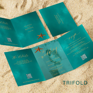 Seaside destination wedding photo QR RSVP details Tri-Fold Invitation