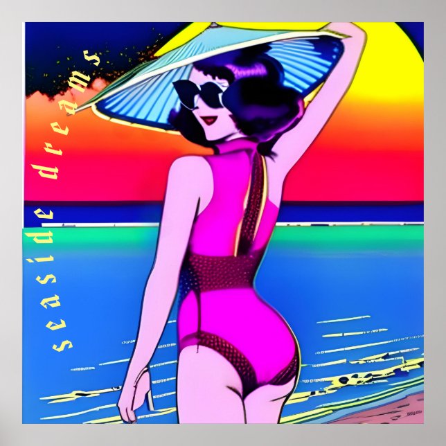 Seaside Dreams. Girl with Chinese hat. Editable  Poster (Front)