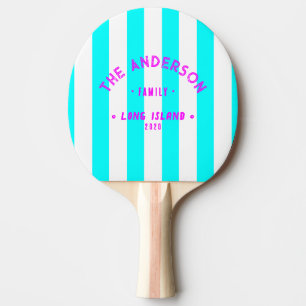 Seaside Electric Retro Cyan Striping & Family Name Ping Pong Paddle
