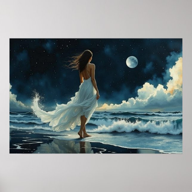  Seaside Escape under the Moon | Coastal Art Poster (Front)
