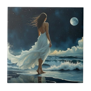 Seaside Escape under the Moon Coastal Art Tile