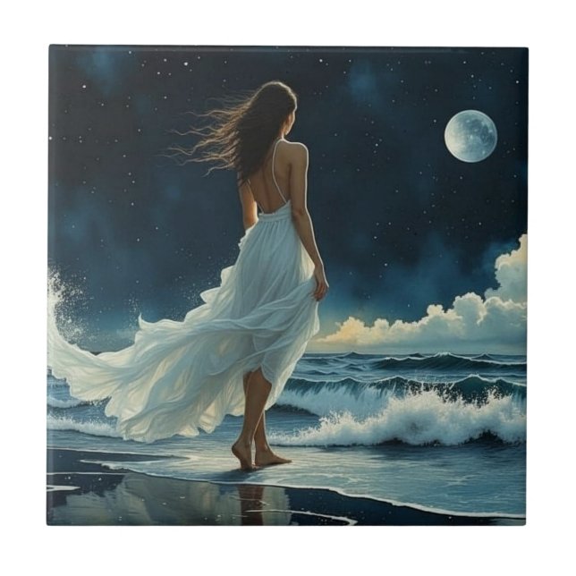  Seaside Escape under the Moon | Coastal Art Tile (Front)