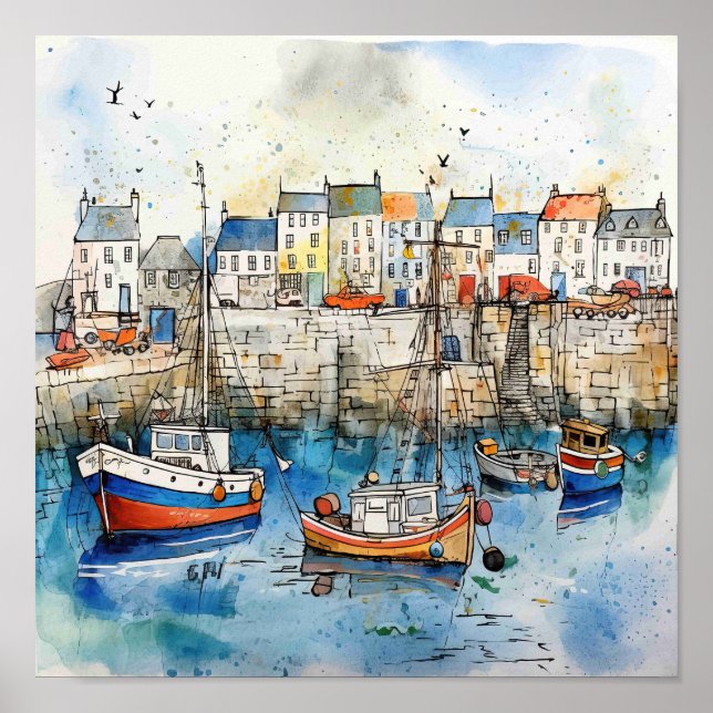Seaside Fishing Boats In The Harbour Poster (Front)