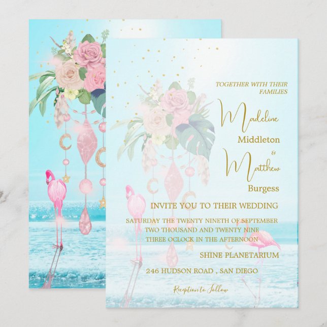   Seaside Flamingos Blue Jewels Wedding Invitation (Front/Back)