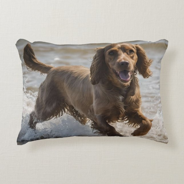 "Seaside Fun: A Cocker Spaniel Play in the Ocean Decorative Cushion (Front)