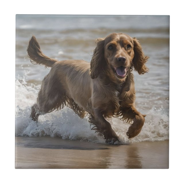 "Seaside Fun: A Cocker Spaniel Play in the Ocean Tile (Front)