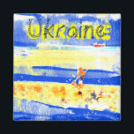 Seaside Fun Sand Beach Yellow Blue Silver Plated N Magnet<br><div class="desc">Based on my outdoor artwork. Gouache and ink on textured paper. A boy playing with the sand,  big container ship passing. Roughly in Ukrainian colours.</div>
