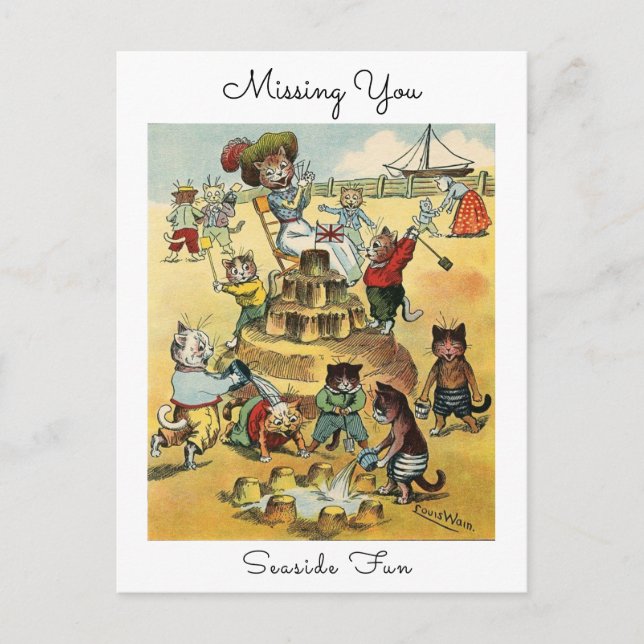 Seaside Fun Victorian Cat Mischief Missing You Postcard (Front)