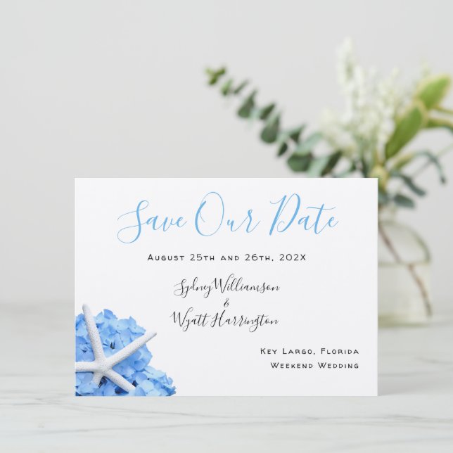 Seaside Garden Blue Floral Save the Date Cards (Standing Front)