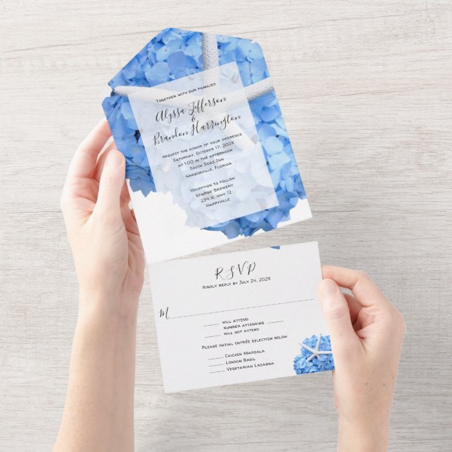 Seaside Garden Blue Hydrangea Wedding  All In One Invitation (Tearaway)