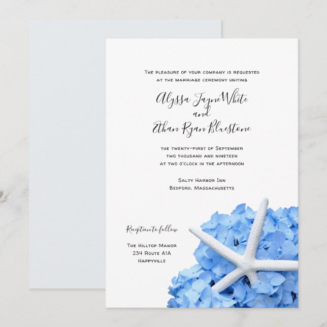 Seaside Garden Blue Hydrangea Wedding Invitation (Front/Back)