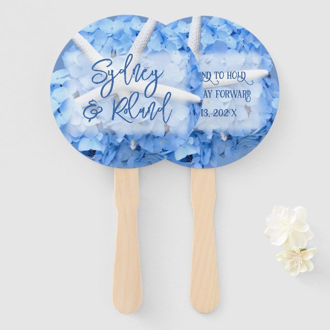 Seaside Garden Blue Wedding Saying Fan (Front and Back)