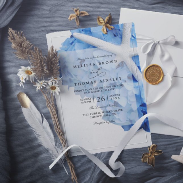 Seaside Garden Starfish Hydrangea QR Code Wedding Invitation (Creator Uploaded)