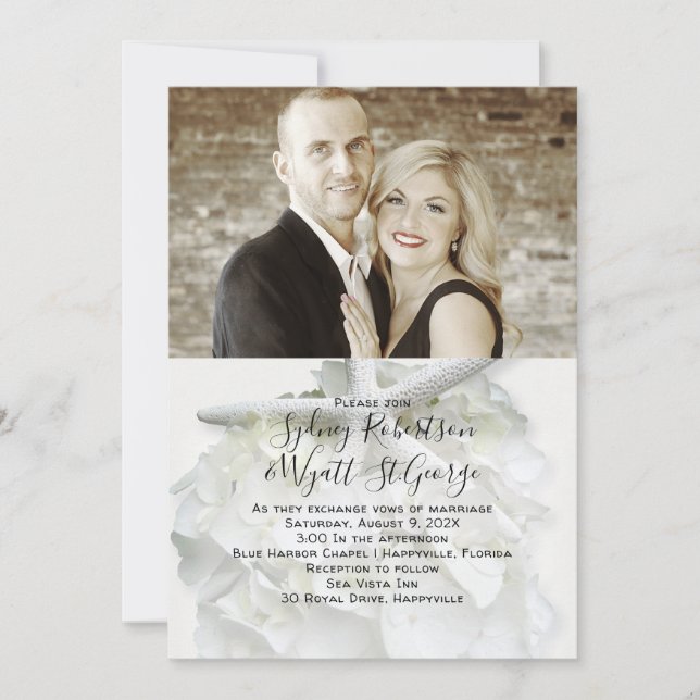 Seaside Garden White Photo Wedding Invitation (Front)